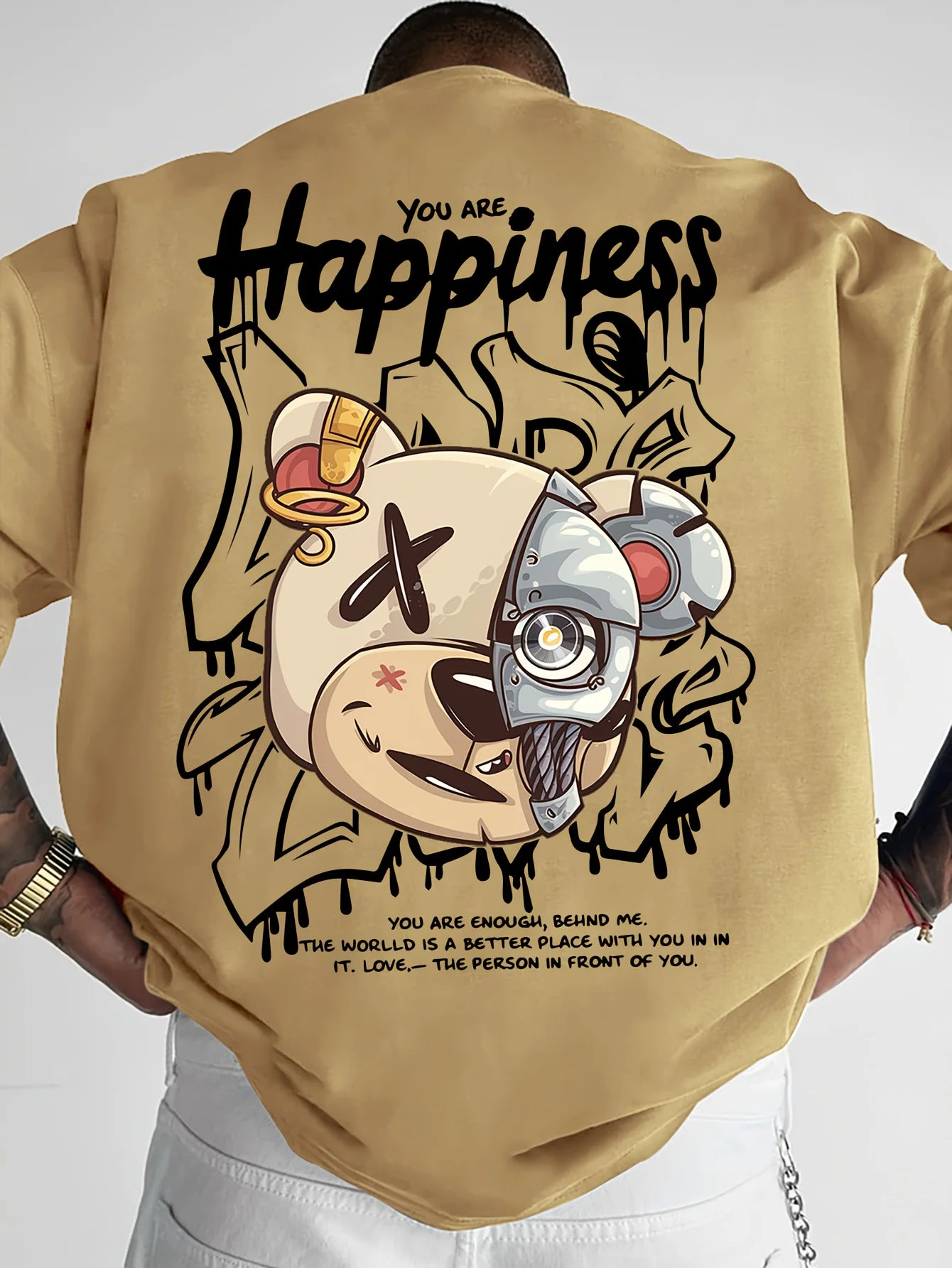2025 New Men's Personalized Graffiti Bear Letter Printed Breathable and Comfortable Round Neck T-shirt Outdoor High Street Top