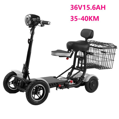 Three-wheeled electric scooter with a seat and basket, featuring battery specifications on a white background.