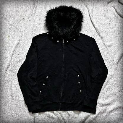 Aesthetic Women's Fur Collar Hoodie Sexy Slim Chic Casual Solid Color Cardigan Sweatshirt Goth Punk Rock Streetwear