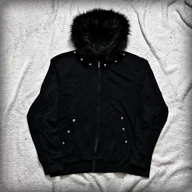 Aesthetic Women's Fur Collar Hoodie Sexy Slim Chic Casual Solid Color Cardigan Sweatshirt Goth Punk Rock Streetwear