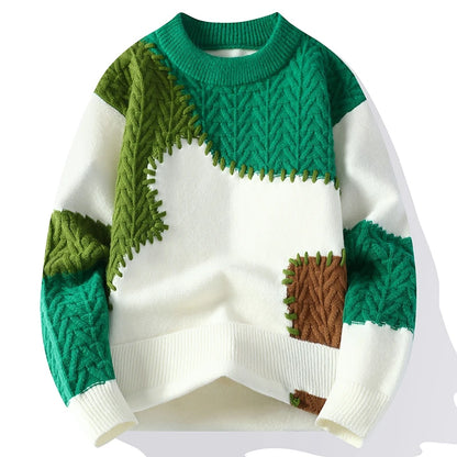 Korean Street Patchwork Knitwear Fashionable Men Sweater Stitching Contrast Long-sleeved Sweaters Christmas Knit Pullover