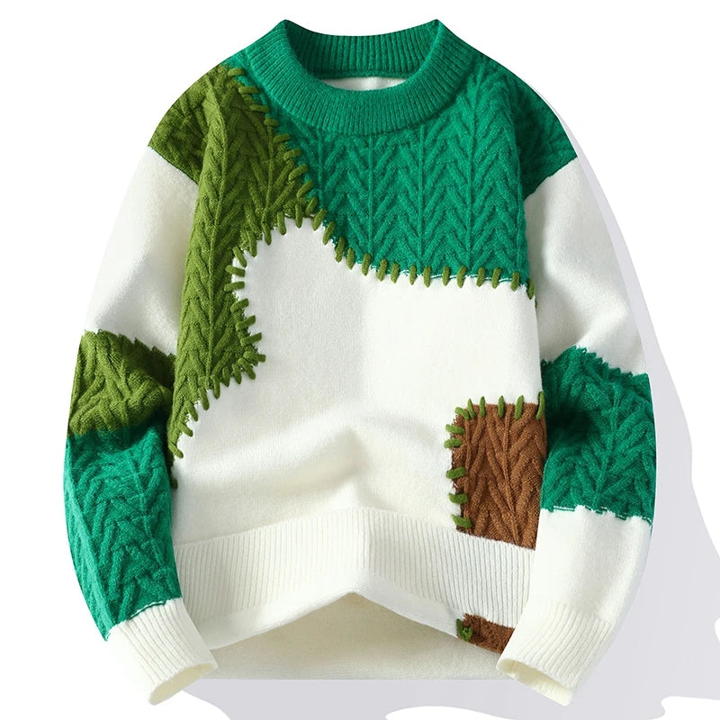 Korean Street Patchwork Knitwear Fashionable Men Sweater Stitching Contrast Long-sleeved Sweaters Christmas Knit Pullover