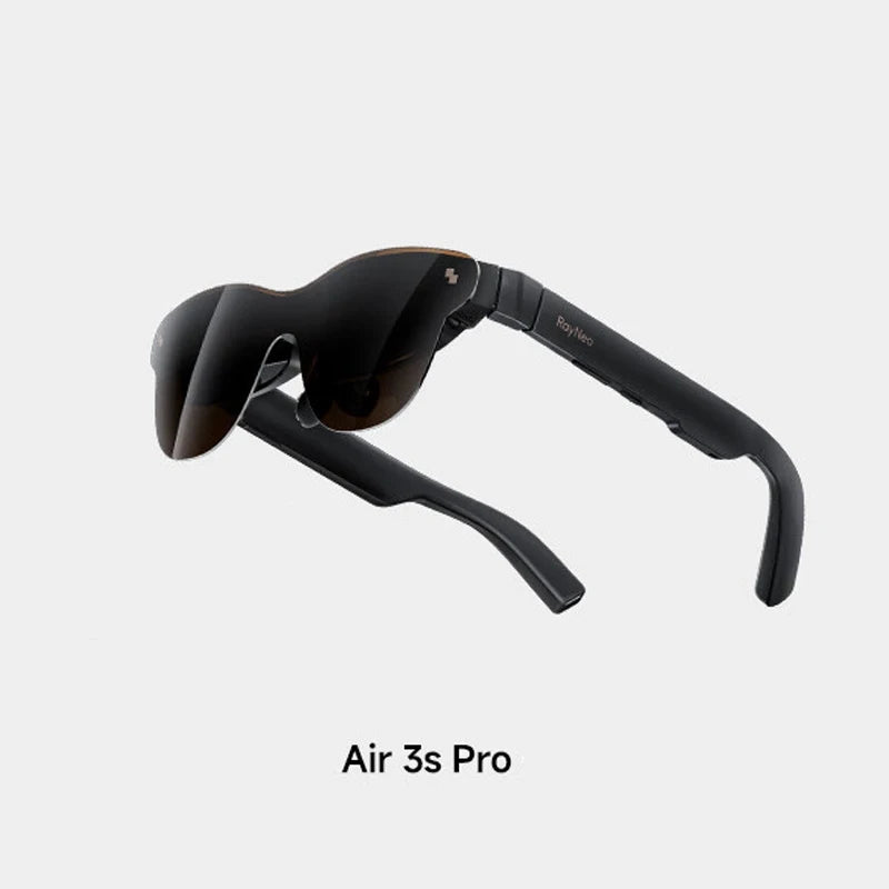 Black Ray-Ban sunglasses with 'Air 3s Pro' label on a light gray background