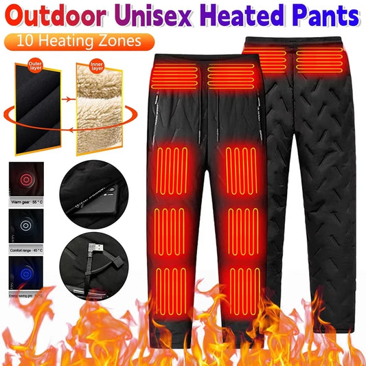 Heated Pants for Men Women, Thick Electric 10 Zones Heating Trousers Winter Outdoor Warm Thermal Trousers (Battery Not Included)