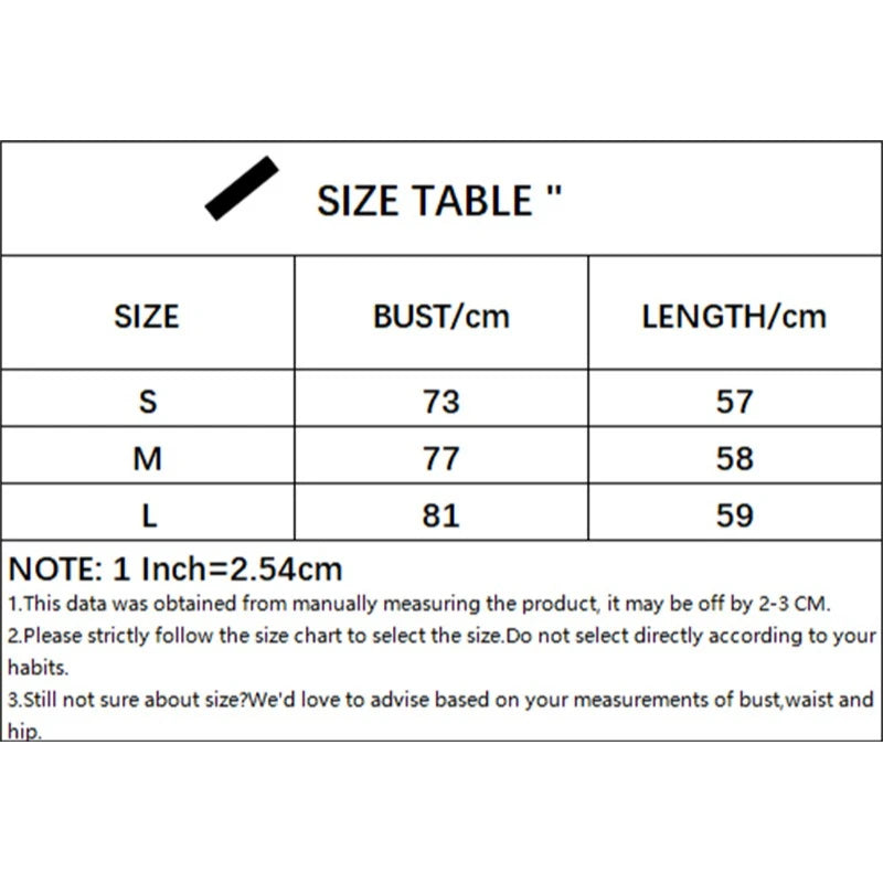 Size chart for clothing with bust and length measurements in centimeters.