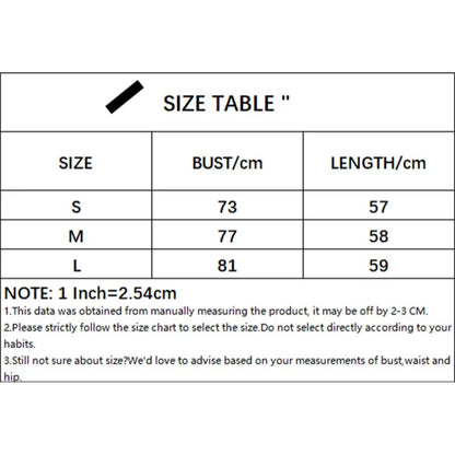 Size chart for clothing with bust and length measurements in centimeters.