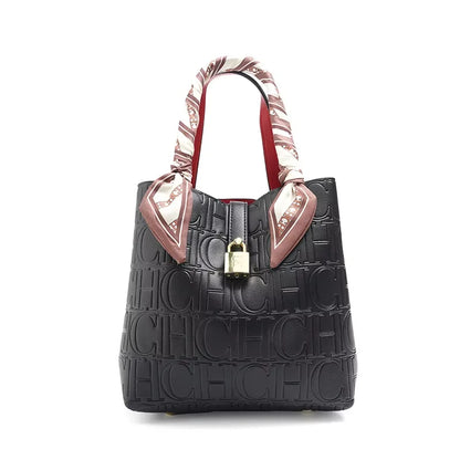 CH New Tote Bag Embossed Logo Silk Scarf Decor Lock Buckle Burgundy Fashion Women Casual Daily Handbag