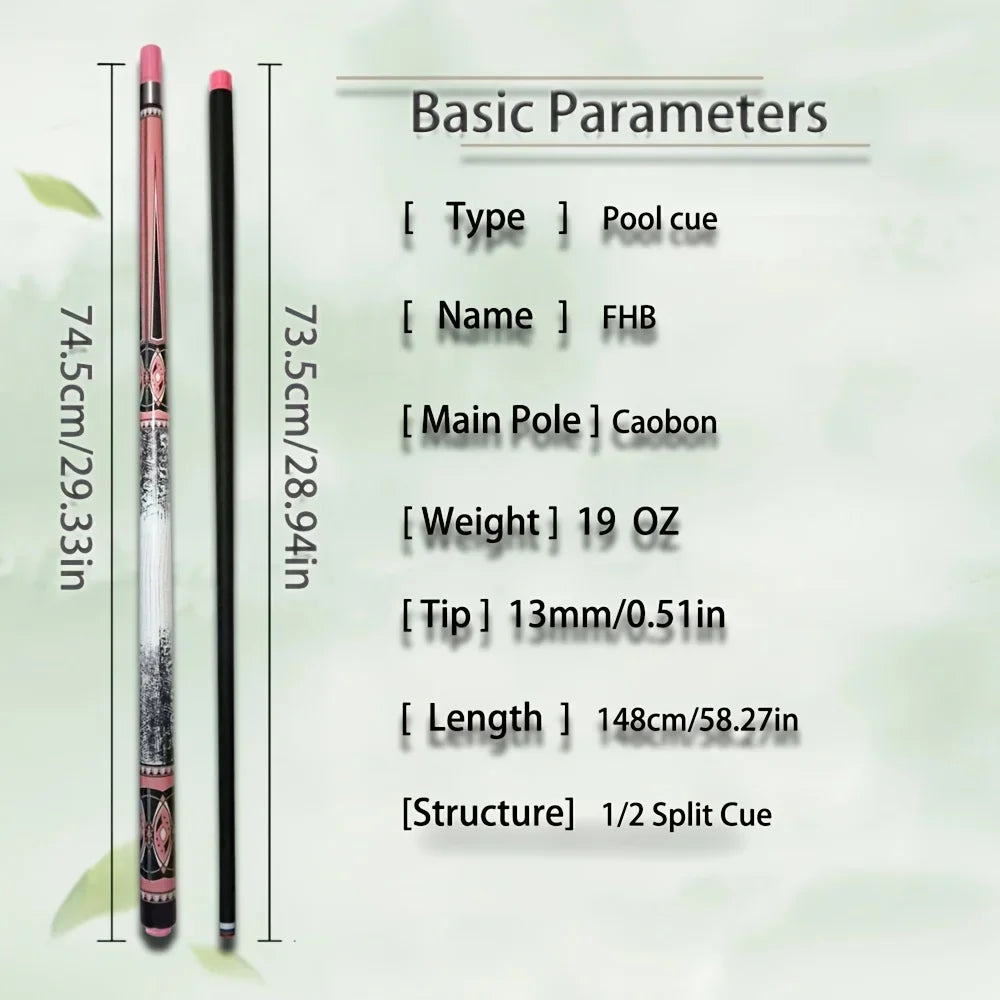 Pool cue with dimensions and specifications on a light green background