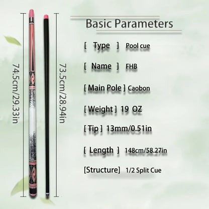 Pool cue with dimensions and specifications on a light green background