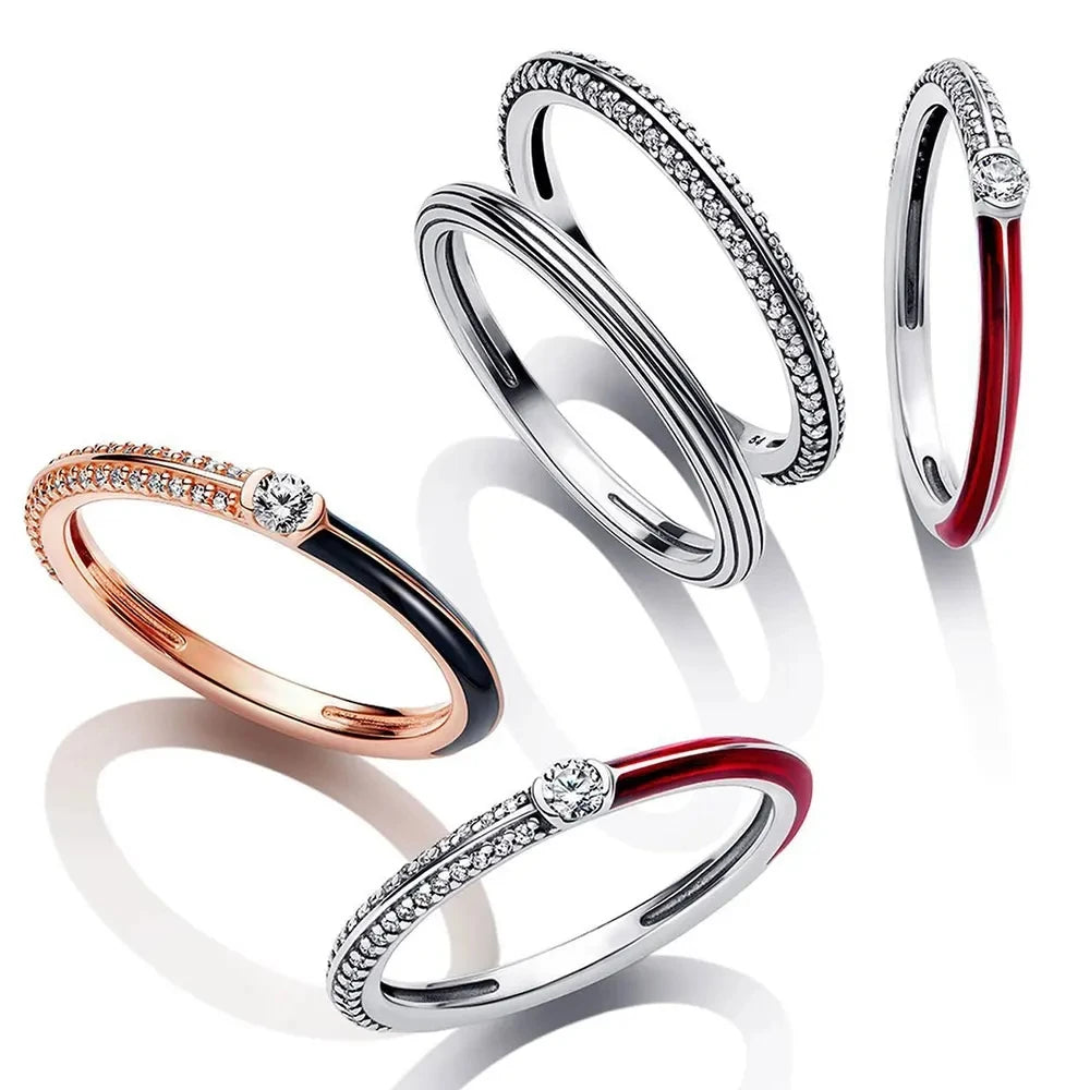 New 925 Sterling Silver Rings Stackable Infinite Heart Red Enamel for Women Mom Original Silver 925 Wedding Ring Jewelry Gift