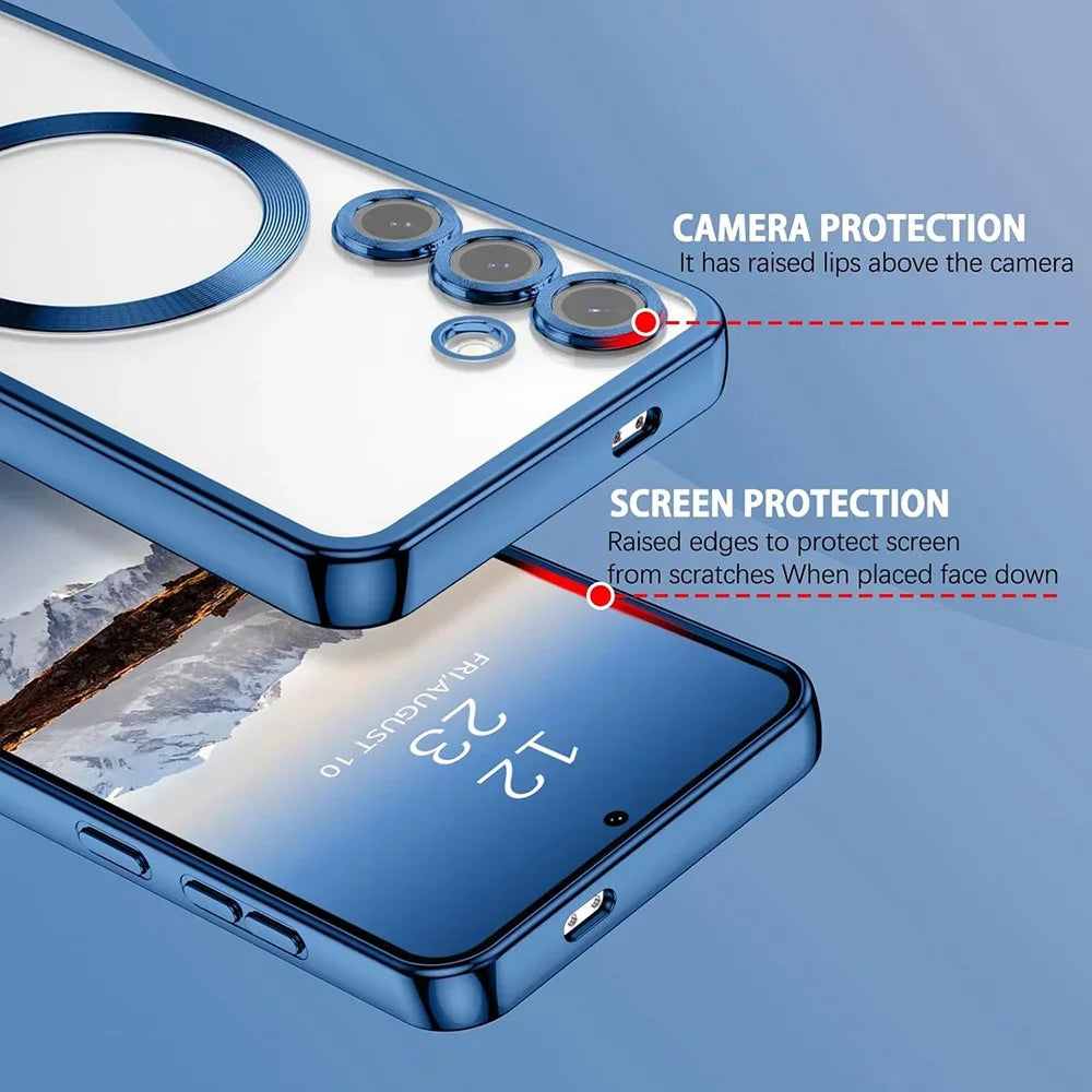 Phone case with camera and screen protection features on a blue background
