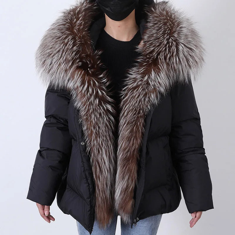 2025 MAOMAOKONG White Duck Down Jacket Winter Women Warm Loose Coat Natural Real Fox Fur Collar Thick Luxury Outerwear parkas