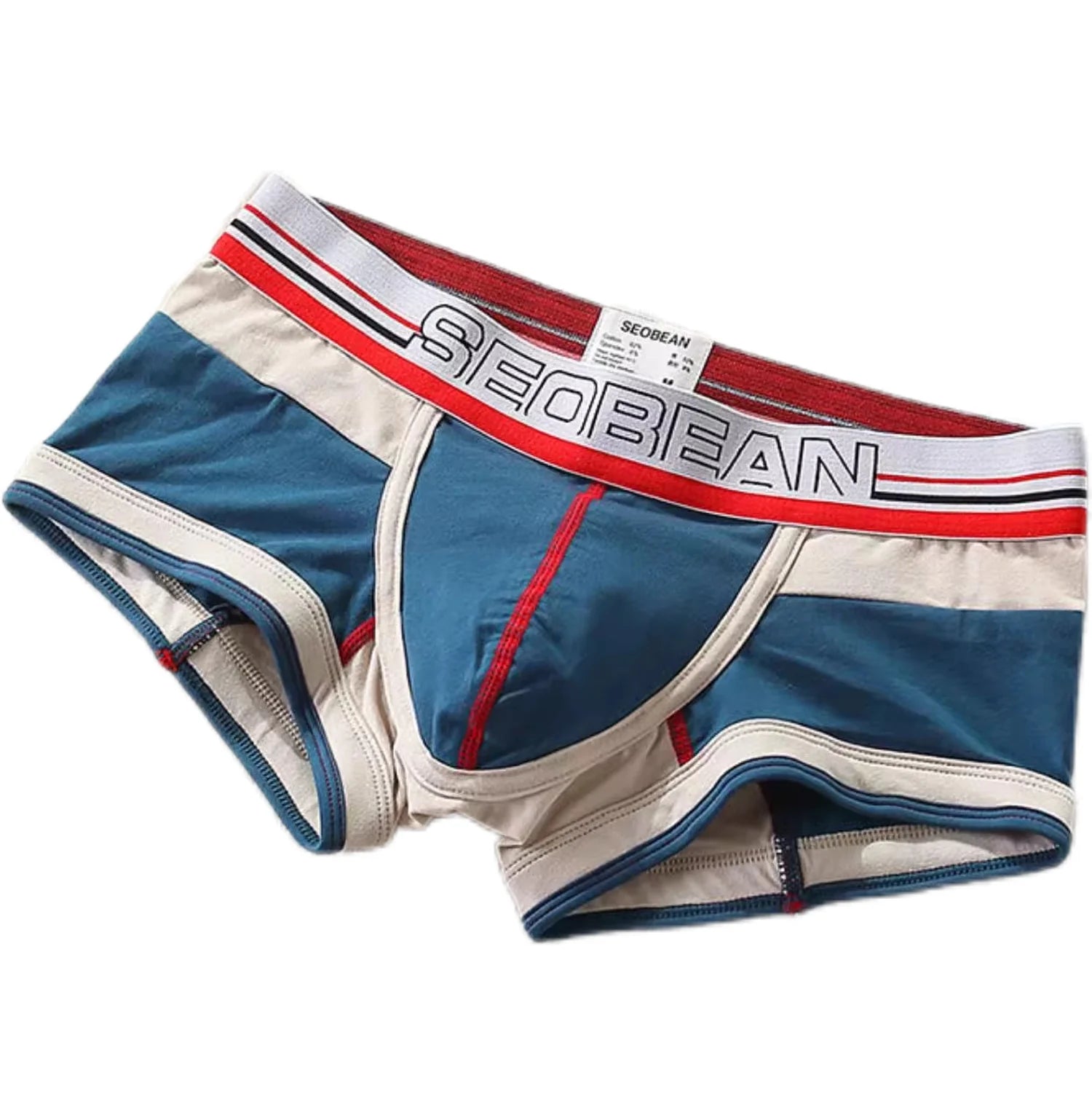 Blue and white boxer briefs with red accents on a white background, featuring the brand 'SEOBEAN'.