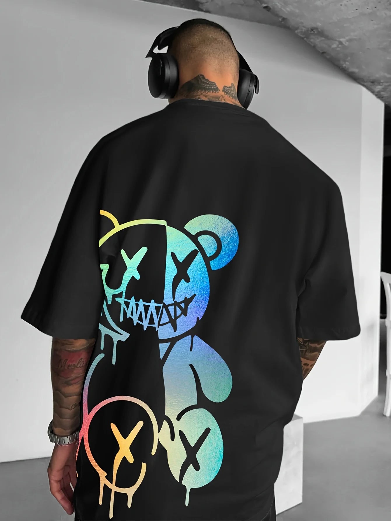 Men's Streetwear Geometric Graphic T-Shirt - Loose Fit Casual Summer Tee with Bold Back Print, Machine