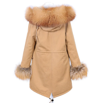 MAOMAOKONG 2023 Abnehmbarer Echtfuchs Pelzkragen Mäntel Damen Winterjacke Kapuze Kaninchenfellfutter Lange Parkas Damenbekleidung