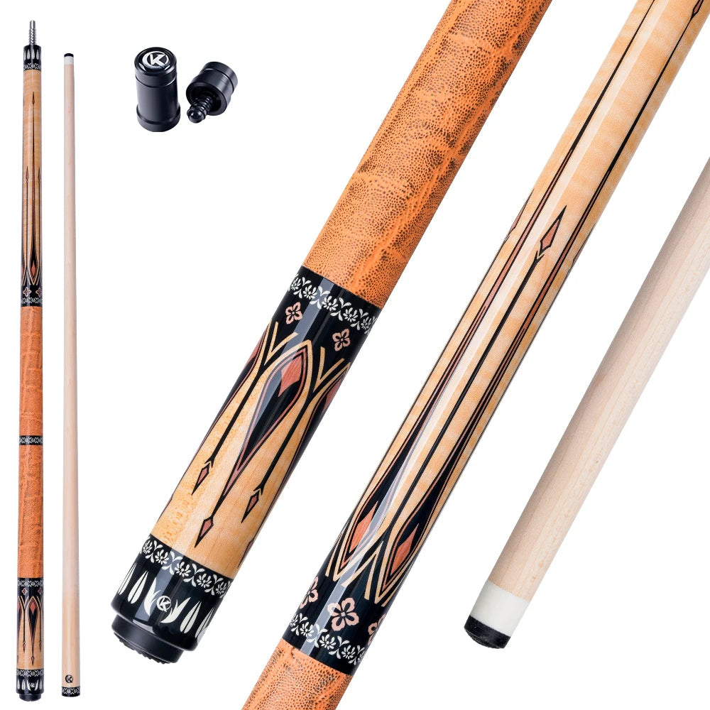 Decorative pool cue with accessories on a white background