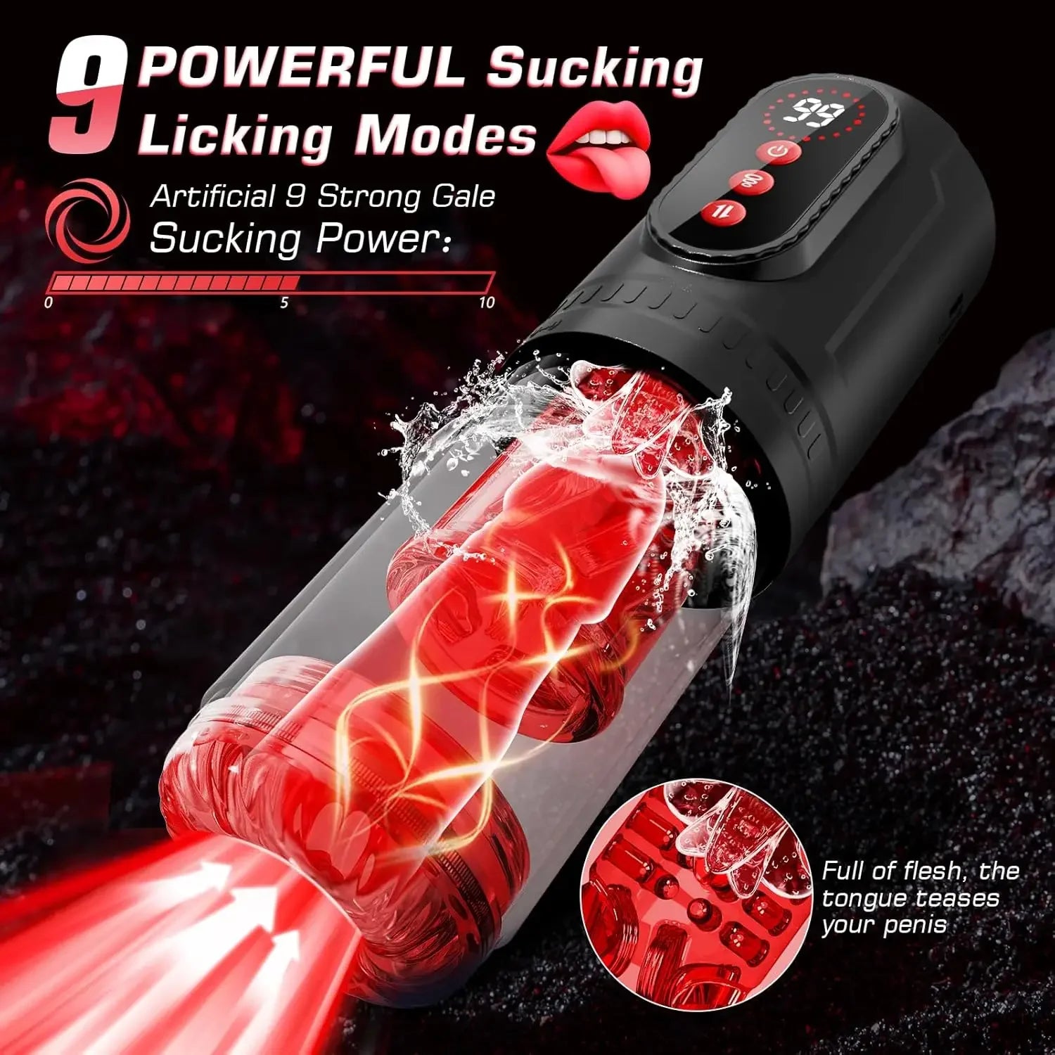 Sexual product with 9 powerful suction modes on a dark background