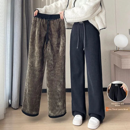 Verdickte Fleece-Weite-Bein-Hose Damen Herbst Winter Neuer Stil Nordost INS Lässige lockere High-Rise-Hose mit geradem Bein