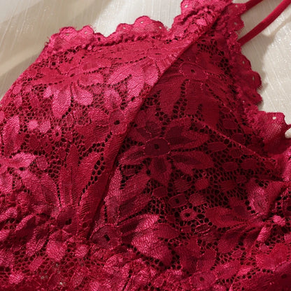 Damen Sexy Dessous-Set aus Spitze, einfarbig, wunderschöner Rücken, hohl, ohne Stahlring, Unterwäsche mit Spitzenblumen, atmungsaktives Höschen