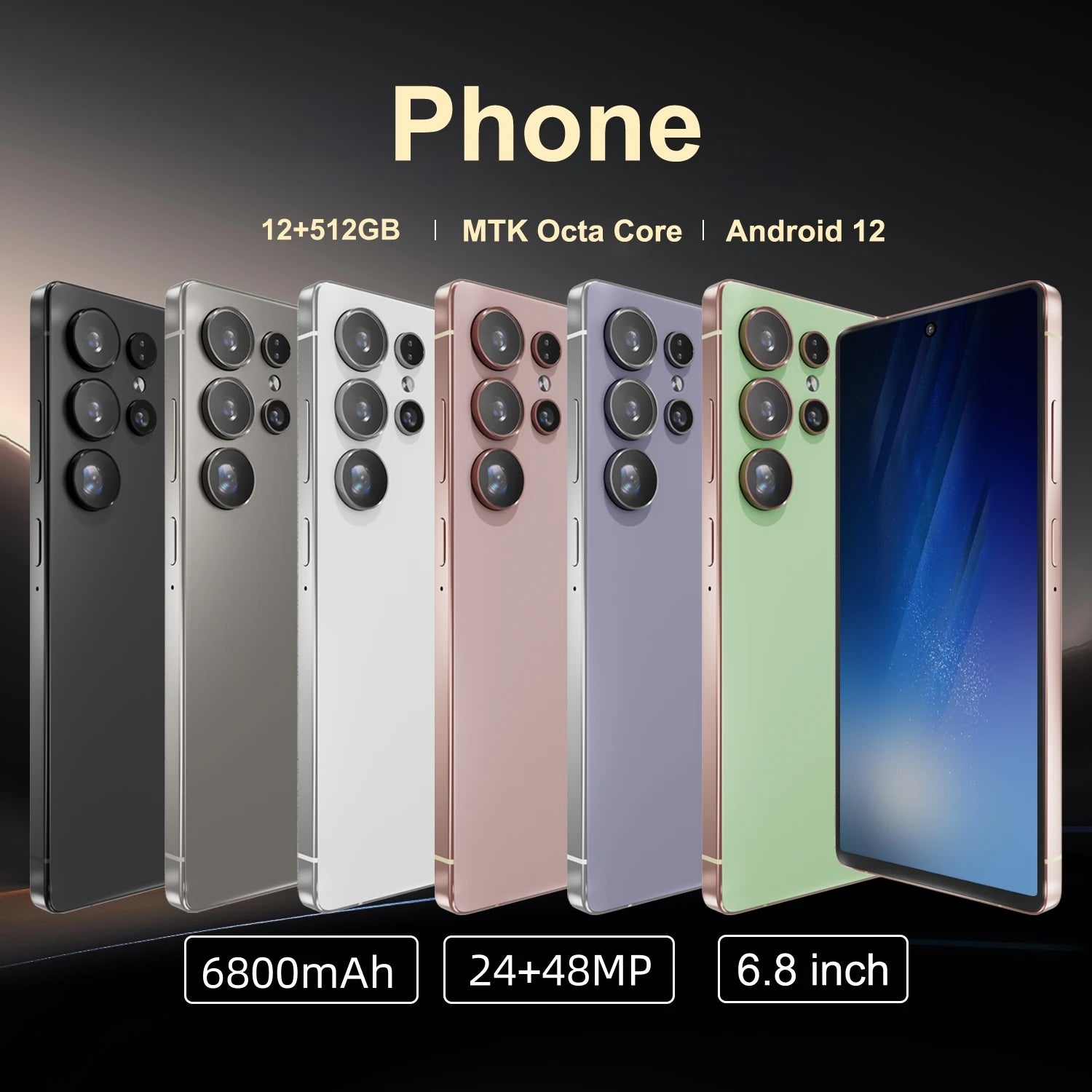 Smartphone with various color options and specifications displayed on a dark background
