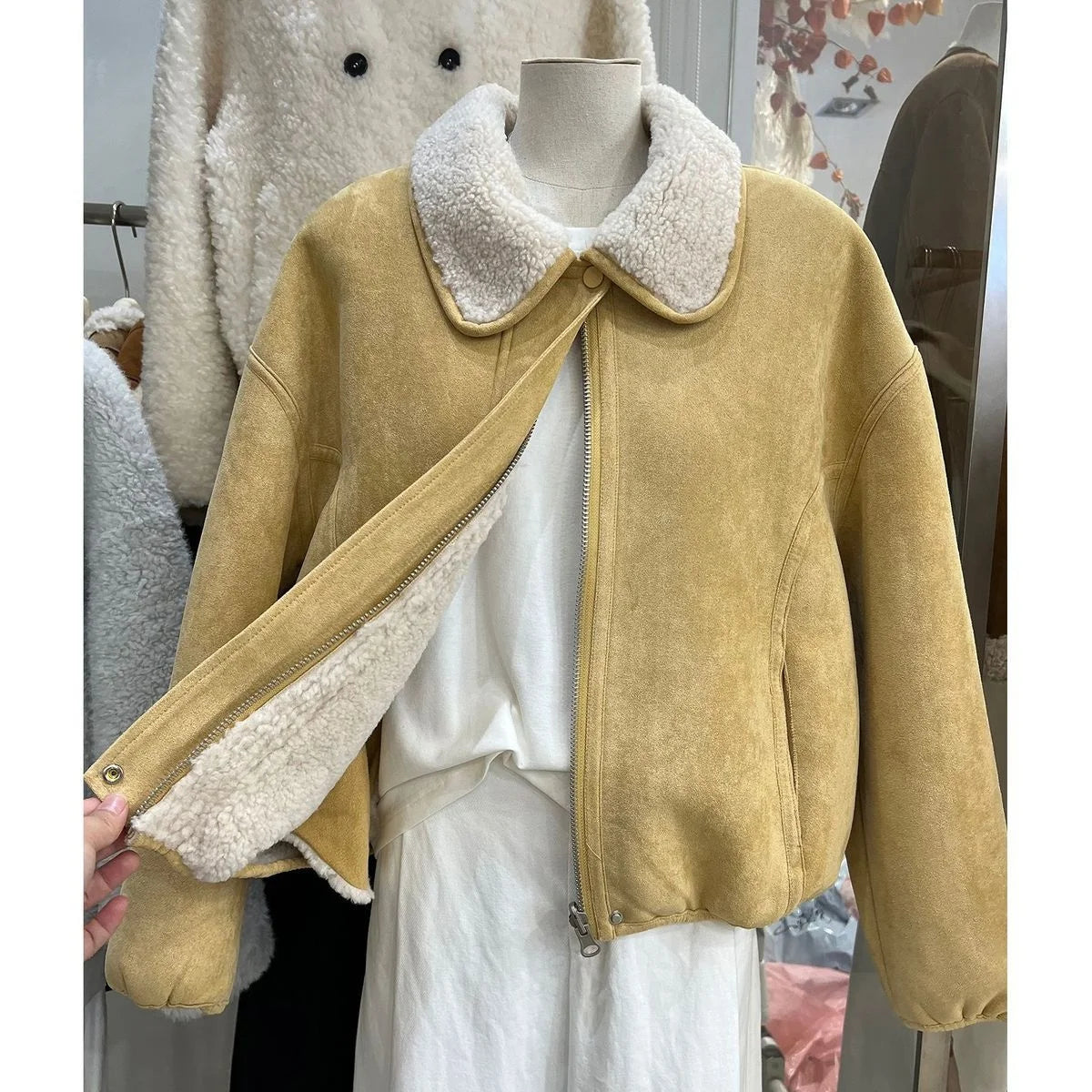 Double-Sided Wear Suede Lamb Fur Collar ort Jaet Women's Winter Warm Inteated Leather Fur Zipper Closure Casual Coat