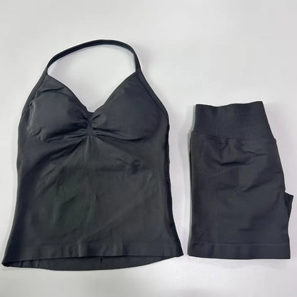 2Pcs Impacts Gym Set Tank Tops High Waist Scrunch Seamless Shorts Gym Suit Fitness Clothes Activewear Workout