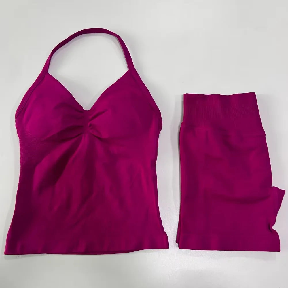2Pcs Impacts Gym Set Tank Tops High Waist Scrunch Seamless Shorts Gym Suit Fitness Clothes Activewear Workout