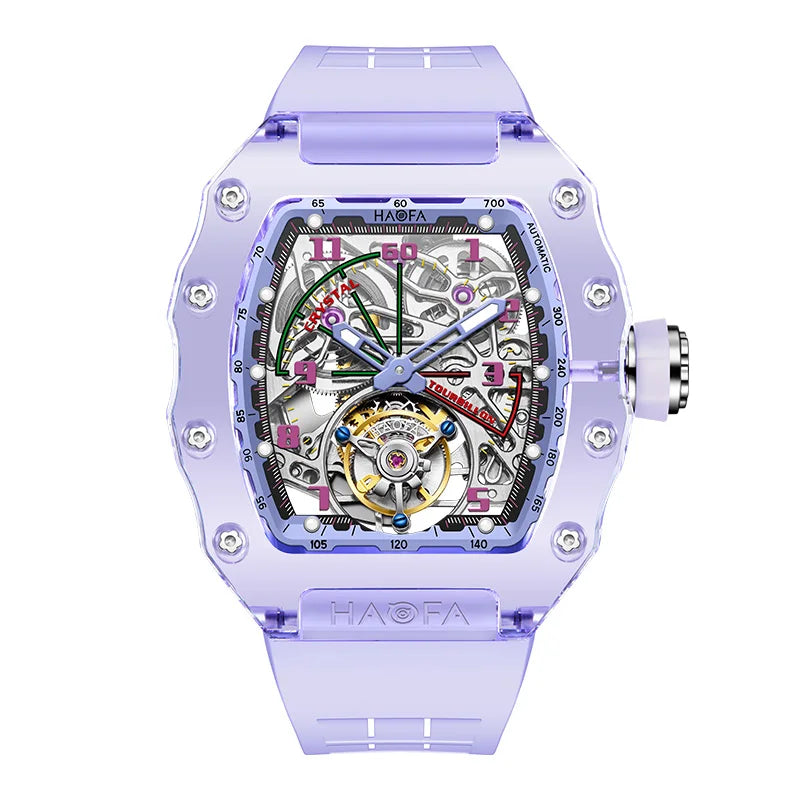 Haofa Tourbillon Crystal Transparent Hollowing Waterproof Luminous Automatic Mechanical Watches
