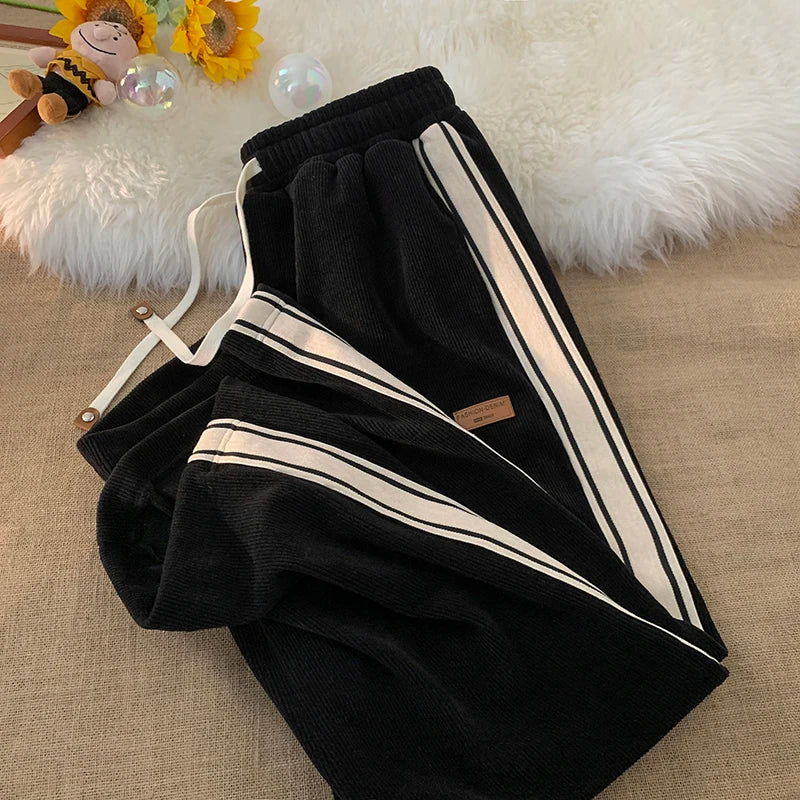 Corduroy Men's Pants Autumn Winter New Sle Hong Kong Sle Trendy Wide Leg Straight Elastic Waist Sports Casual Long Trousers