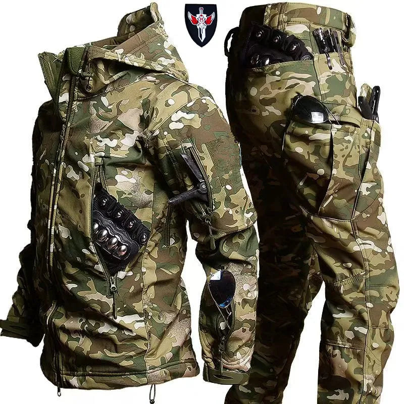 Tactical Winter Set Men's Outdoor Windproof Waterproof Suit Multi-Pocket Soft Shell Hooded Jackets Sharkskin Work Pants