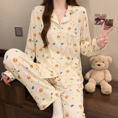 Pink Bow Dtie Design Pajamas for Women Long Sleeve Top & Elastic Waist Pants Pajamas Set Style Casual New Home Wear