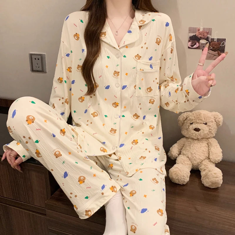Pink Bow Dtie Design Pajamas for Women Long Sleeve Top & Elastic Waist Pants Pajamas Set Style Casual New Home Wear