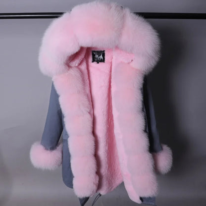MAOMAOKONG Brand Long Winter Jacket Women Outwear Thick Parkas Natural Real Fox Fur Collar Coat Hooded Pink Female Clothing