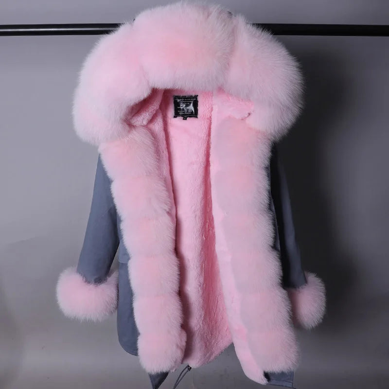 MAOMAOKONG Brand Long Winter Jacket Women Outwear Thick Parkas Natural Real Fox Fur Collar Coat Hooded Pink Female Clothing