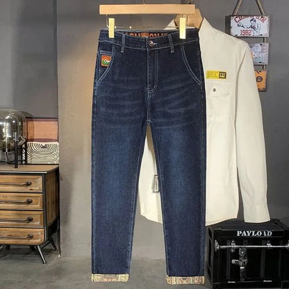 Autumn and Winter Fleece Men's Denim Pants European Style Straight-leg Stretch Loose and Versatile Korean Style Trendy Pants