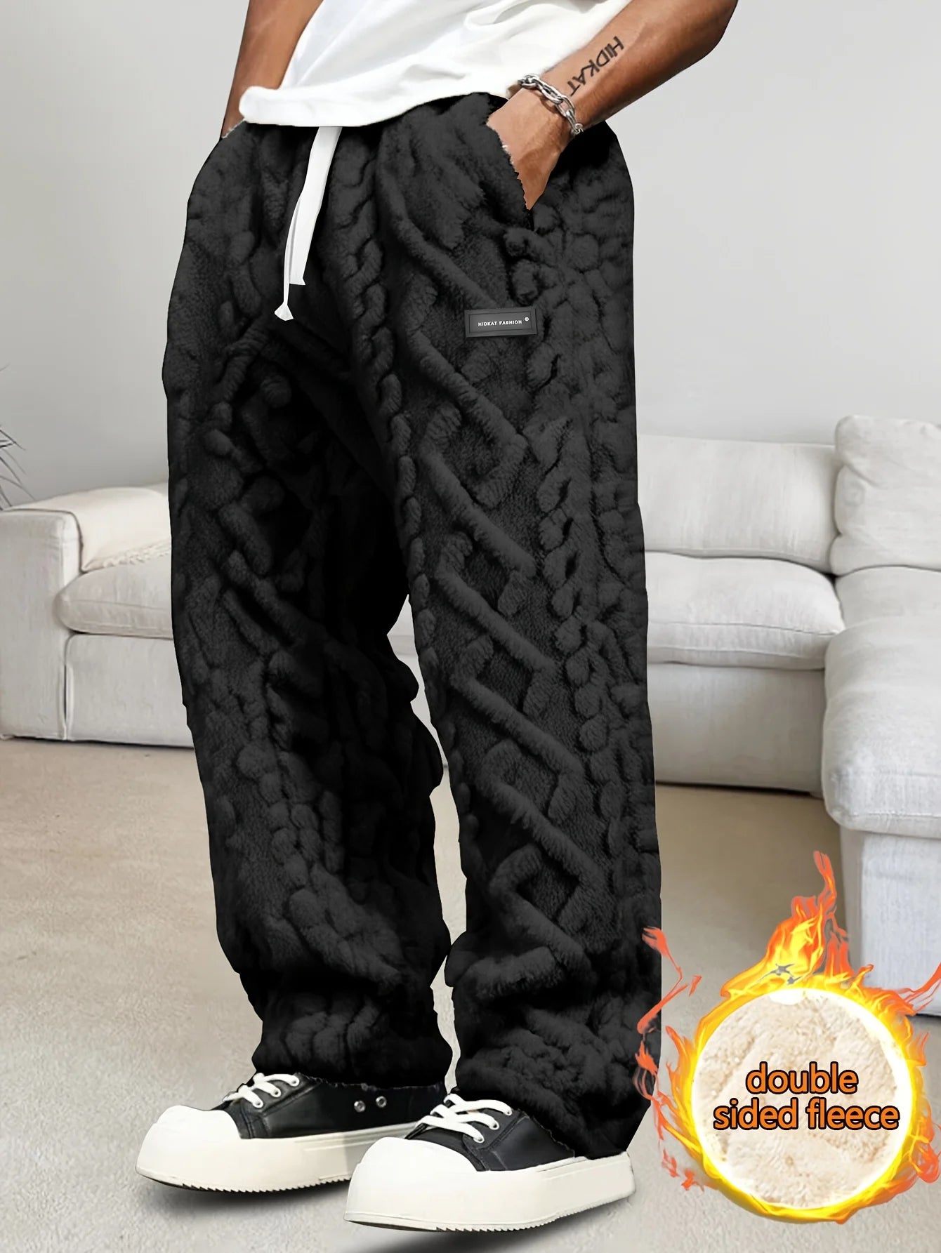 Men'S Winter Warm Fleece-Lined Pants with Drawstring Waist - Cozy Geometric Pattern Lightweight & Comfortable Outdoor Activities