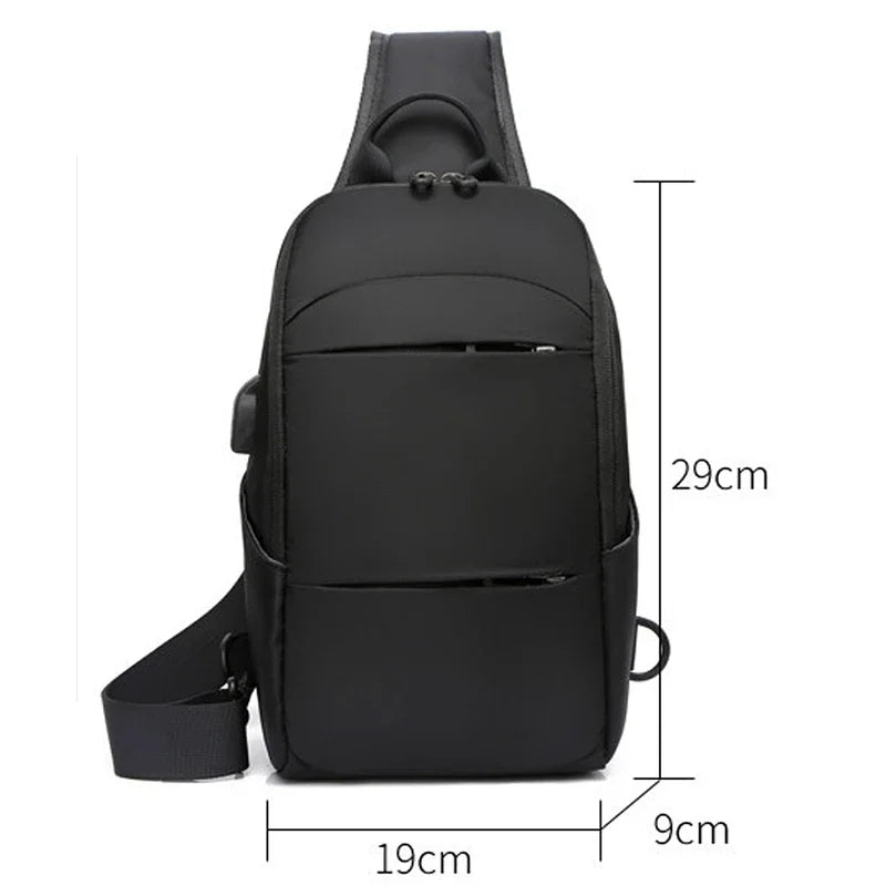 Black sling bag with measurements on a white background