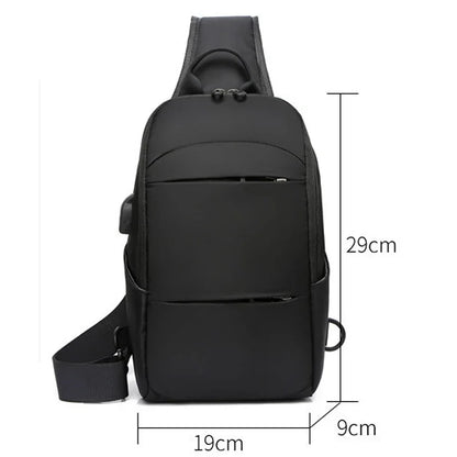 Black sling bag with measurements on a white background