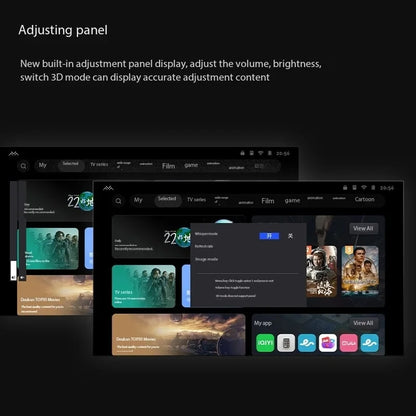Adjustment panel for volume, brightness, and 3D mode on a digital device interface.