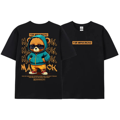 Cotton Fashion Bear Pattern Printed Men Women T Shirt Hip Hop Loose Tops Breathable Comfortable Casual Oversized Couple Clothing