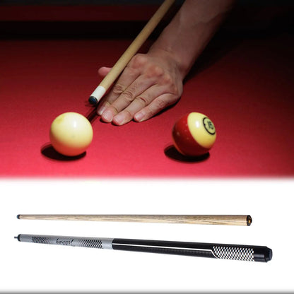 Pool table with two balls and a hand, followed by two pool cues on a white background.