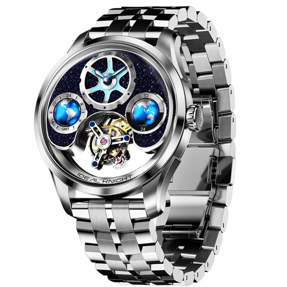 IDEAL KNIGH Watch Advanced Tourbillon Automatic Mechanical Watch Waterproof Luminous Dual Region Time