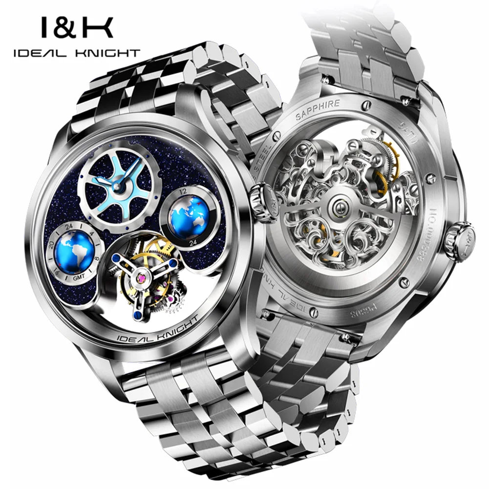 IDEAL KNIGH Watch Advanced Tourbillon Automatic Mechanical Watch Waterproof Luminous Dual Region Time