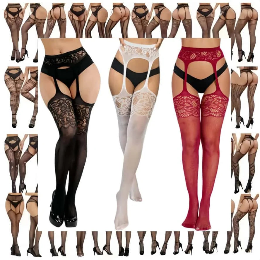 Collage of various lace lingerie and stockings in different colors and styles.