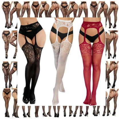 Collage of various lace lingerie and stockings in different colors and styles.