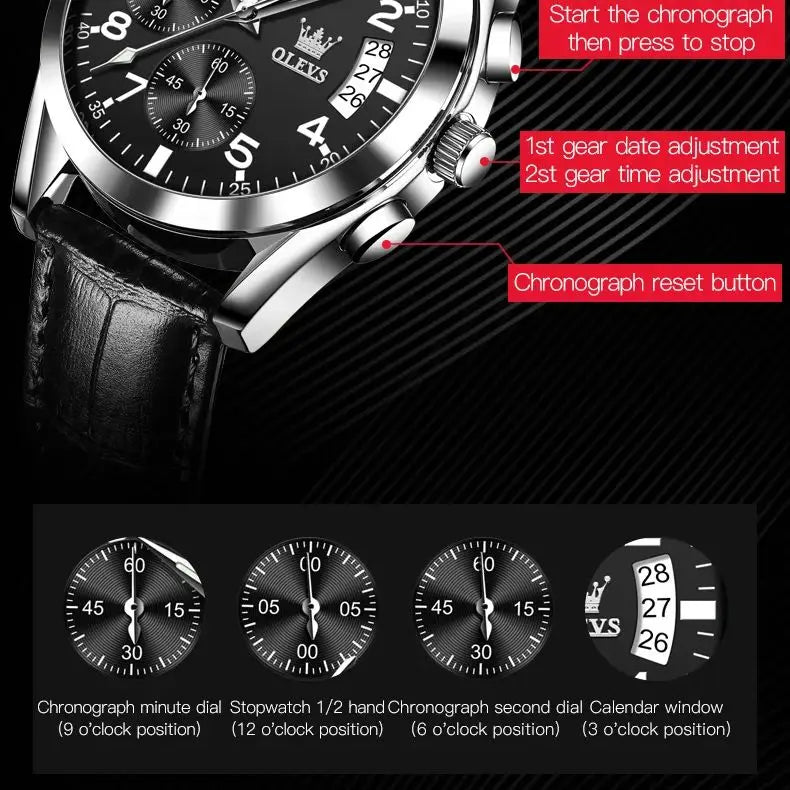 OLEVS Quartz Watch for Men Original Leather Strap Date