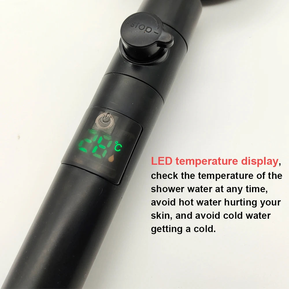 Hochdruck-LED-Duschkopf, Ein-Knopf-Stopp, digitaler Bildschirm, schwarzer Handbrause-Duschkopf mit Temperatursensor