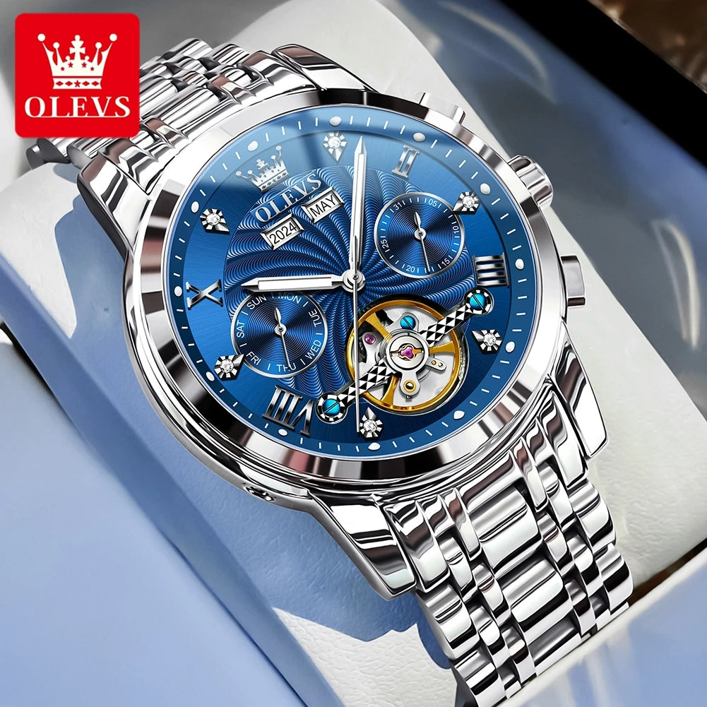 OLEVS Luxuriöse automatische mechanische Uhren für Herren, Skelett-Unruh-Kalender-Woche, Business-Herrenuhr, ausgehöhlte Herrenuhren