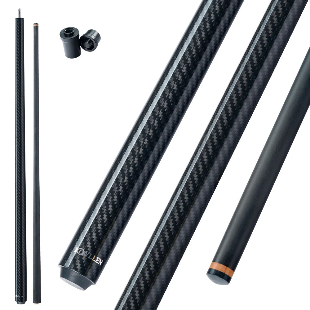 Carbon fiber pool cue with accessories on a white background