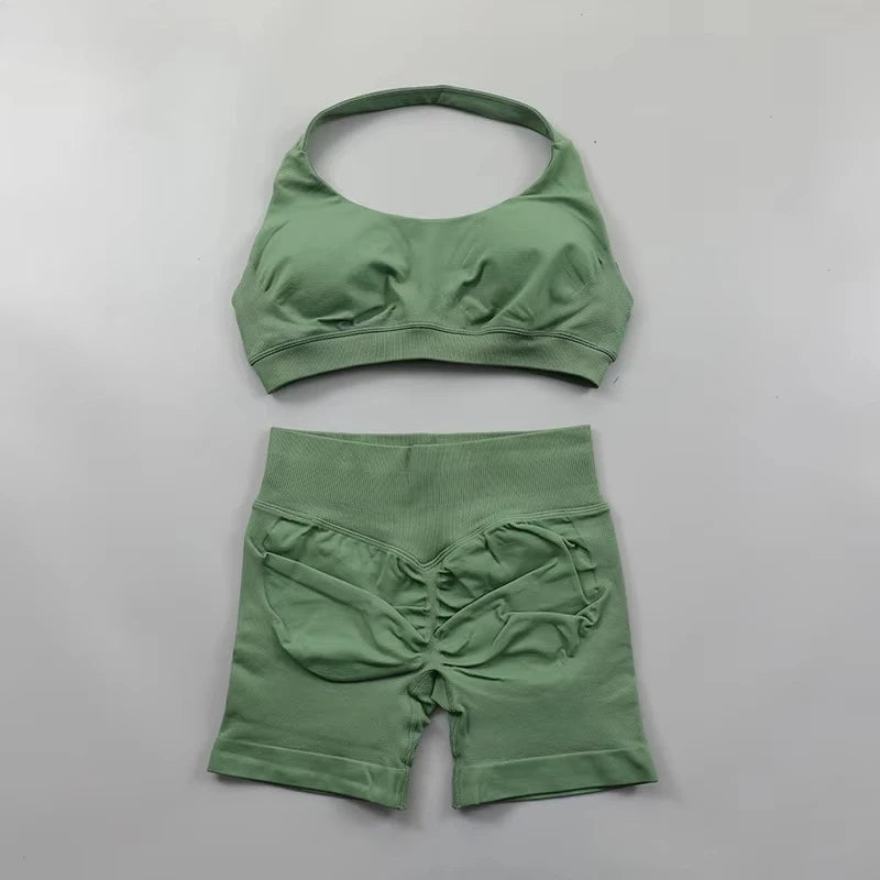 2Pcs Impacts Gym Set Tank Tops High Waist Scrunch Seamless Shorts Gym Suit Fitness Clothes Activewear Workout